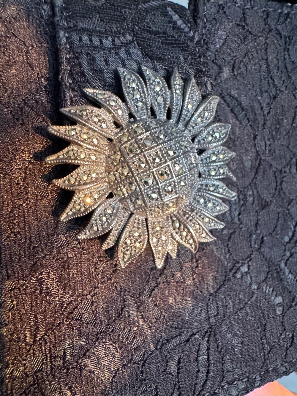 Vintage Judith Jack Black Lace Evening Bag Marcasite Sunflower Clasp , Italy - Picture 5 of 11
